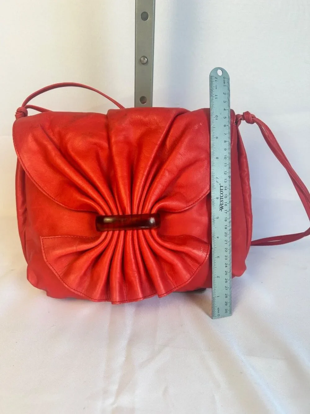 Women's Red Leather Shoulder Bag Bow Flap Purse Slouch Hobo Handbag Adjustable S